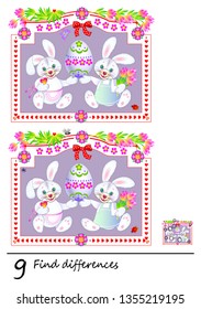 Logic puzzle game for children. Need to find 9 differences. Printable page for baby brainteaser book. Two cute rabbits are holding Easter egg. Developing skills for counting. Vector cartoon image.
