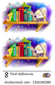Logic puzzle game for children. Need to find 8 differences. Printable page for baby brainteaser book. Curious mouse is reading at night on bookshelf. Developing counting skills. Vector cartoon image.