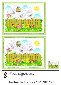 Logic puzzle game for children. Need to find 8 differences. Printable page for baby brainteaser book. Cute rabbits are hunting Easter eggs. Developing skills for counting. Vector cartoon image.