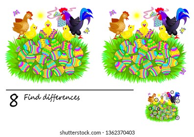 Logic puzzle game for children. Need to find 8 differences. Printable page for baby brainteaser book. Cute chicken hatched from an Easter eggs. Developing skills for counting. Vector cartoon image.