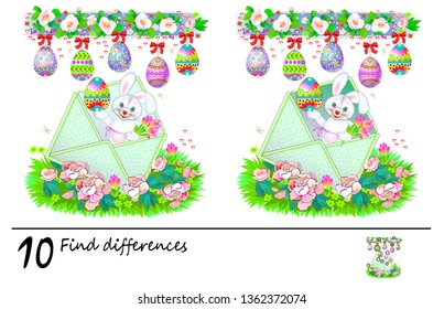 Logic puzzle game for children. Need to find 10 differences. Printable page for baby brainteaser book. Cute rabbit holding Easter egg. Developing skills for counting. Vector cartoon image.