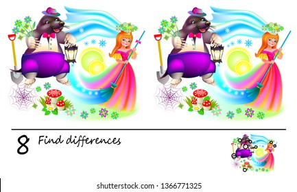 Logic puzzle game for children. Need to find 8 differences. Printable page for baby brainteaser book. Illustration of Thumbelina and the mole. Developing skills for counting. Vector cartoon image.