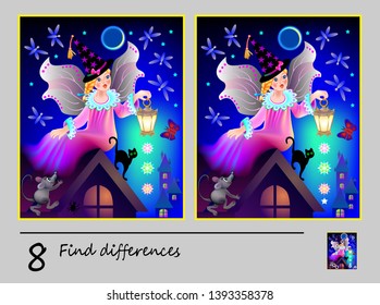 Logic puzzle game for children. Need to find 8 differences. Printable page for baby brainteaser book. Cute fairy with lantern. Developing skills for counting. Vector cartoon image.