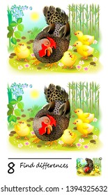 Logic puzzle game for children. Need to find 8 differences. Chicken family and their mother hen. Printable page for baby brainteaser book or kids magazine publishing. Developing skills for counting.
