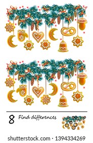 Logic puzzle game for children. Need to find 8 differences. Christmas decoration with cakes. Printable page for baby brain-teaser book or kids magazine publishing. Developing skills for counting.