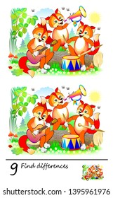 Logic puzzle game for children. Need to find 9 differences. Cute foxes play music in orchestra. Printable page for baby brain-teaser book or kids magazine publishing. Developing skills for counting.
