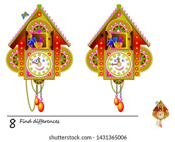 Logic Puzzle Spiel für Kinder. Es müssen 8 Unterschiede gefunden werden. Illustration von Spielzeug-Kuckucksuhr. Printable Seite für Baby-Hirn-Teaser Buch oder Kinder Magazin Publishing. Entwicklung von Fähigkeiten für das Zählen.