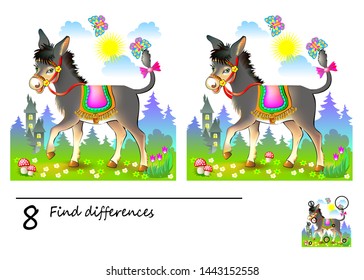 Logic puzzle game for children. Need to find 8 differences. Printable page for kids brainteaser book. Illustration of cute donkey in the meadow. Developing skills for counting. Vector cartoon image.