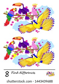 Logic puzzle game for children. Need to find 8 differences. Printable page for kids brainteaser book. Illustration of cute parrots in the jungle. Developing skills for counting. Vector cartoon image.