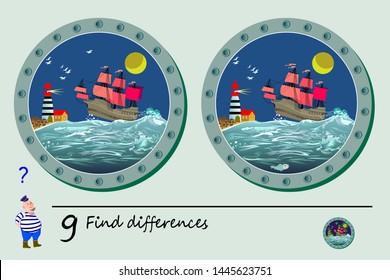 Logic puzzle game for children. Need to find 9 differences. Printable page for kids brainteaser book. View from window of sea porthole on ocean, lighthouse and ship. Developing counting skills.