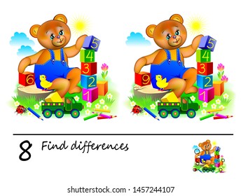 Logic puzzle game for children. Need to find 8 differences. Printable page for kids brainteaser book. Cute teddy bear is playing with cubes and learning numbers. Developing counting skills.