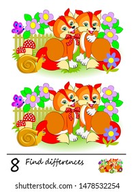 Logic puzzle game for children. Need to find 8 differences. Printable page for kids brainteaser book. , Illustration of couple cute foxes. Developing counting skills. IQ training test.