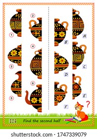 Logic puzzle game for children. Need to find second half of each ancient vase. Educational page. Worksheet for school book. Kids activity sheet. Online playing. Task for attention. Flat illustration.