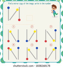 Logic puzzle game for children. Select and write down the number of the correct mirror image of the figure. Development of spatial thinking