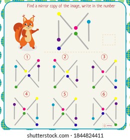 Logic puzzle game for children. Select and write down the number of the correct mirror image of the figure. Development of spatial thinking