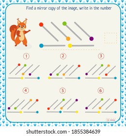 Logic puzzle game for children. Select and write down the number of the correct mirror image of the figure. Development of spatial thinking