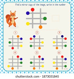 Logic puzzle game for children. Select and write down the number of the correct mirror image of the figure. Development of spatial thinking