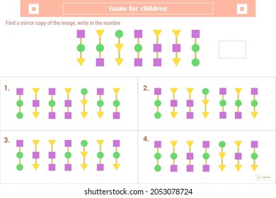 Logic puzzle game for children. Select and write down the number of the correct mirror image of the figure. Development of spatial thinking