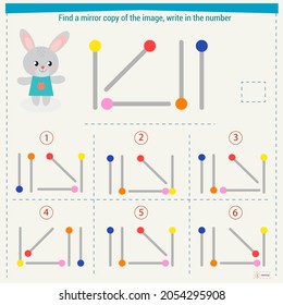 Logic puzzle game for children. Select and write down the number of the correct mirror image of the figure. Development of spatial thinking