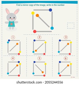 Logic puzzle game for children. Select and write down the number of the correct mirror image of the figure. Development of spatial thinking