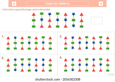Logic puzzle game for children. Select and write down the number of the correct mirror image of the figure. Development of spatial thinking