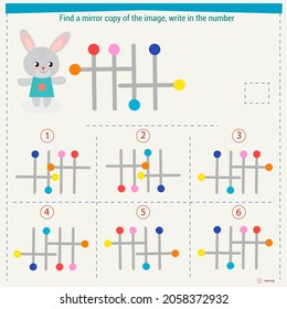 Logic puzzle game for children. Select and write down the number of the correct mirror image of the figure. Development of spatial thinking