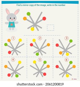 Logic puzzle game for children. Select and write down the number of the correct mirror image of the figure. Development of spatial thinking