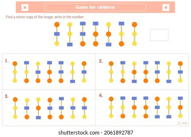 Logic puzzle game for children. Select and write down the number of the correct mirror image of the figure. Development of spatial thinking