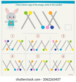 Logic puzzle game for children. Select and write down the number of the correct mirror image of the figure. Development of spatial thinking