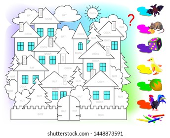 Logic puzzle game for children for study English. Read the words and paint picture in color corresponding to each object. Printable worksheet for kids textbook. Back to school. Vector cartoon image.