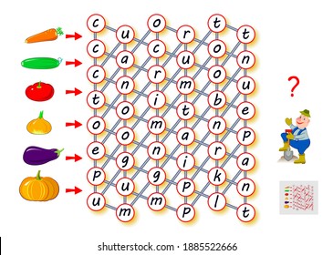 Juego de rompecabezas lógico para que los niños estudien inglés con laberinto. Encuentra el camino de cada verdura y une letras para que puedas leer las palabras. Hoja de cálculo imprimible para libros de texto escolares para niños.