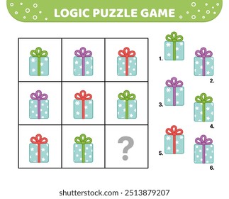 Logic puzzle game. Christmas gifts. For kids. Cartoon, vector, eps 10