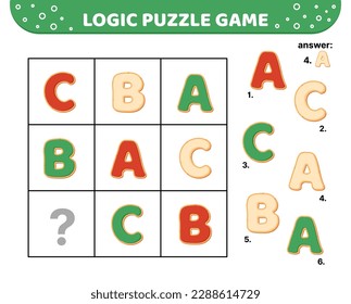 Juego de rompecabezas lógico. Cartas de galletas. A, B, C. Para los niños. Dibujo, plano, vector, eps 10