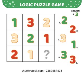 Logic puzzle game. Cookie Numbers. One two three. For kids. Cartoon, flat, vector, eps 10