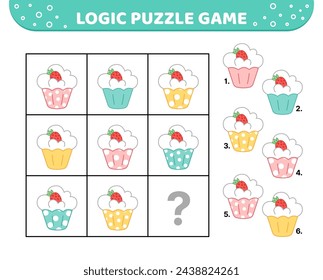 Logik-Puzzle-Spiel. Cupcake mit weißer Sahne und Erdbeere. Für Kinder. Cartoon, Vektor, eps 10
