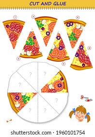Logic puzzle game. Cut and glue the slices of pizza in correct places. Educational page for children. Printable template with exercise for kids. Play online. IQ test. Memory training for seniors.