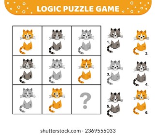 Logic puzzle game. Cute kitten. For kids. Cartoon, flat, vector, eps 10