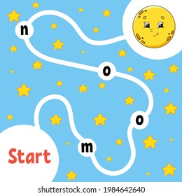 Juego de rompecabezas lógico. Luna linda. Aprendiendo palabras para los niños. Buscar el nombre oculto. Educación desarrollando hoja de trabajo. Página de actividad para estudiar inglés. Ilustración vectorial aislada. Estilo de caricatura.