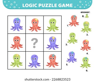 Logikpuzzle-Spiel. Cute octopus. Für Kinder. Cartoon, flach, Vektorgrafik, eps10