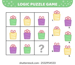 Logic puzzle game.  Cute presents. For kids. Cartoon, vector, eps 10