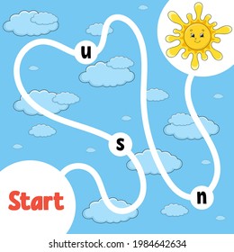 Logic puzzle game. Cute sun. Learning words for kids. Find the hidden name. Education developing worksheet. Activity page for study English. Isolated vector illustration. Cartoon style.