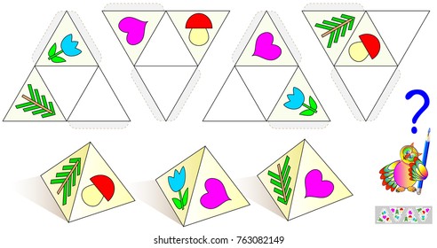 Logic puzzle game. Draw the missing objects on patterns so that all the pyramids were identical. Worksheet page for children and adults. Vector image.