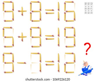 Logic puzzle game. In each task move 1 matchstick to make the equations correct. Vector image.