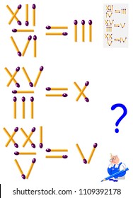 Logic puzzle game. In each task move one matchstick to make the equations balance. Vector image.