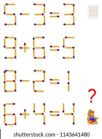 Logic puzzle game. In each task move one matchstick to make the equations balance. Vector image.