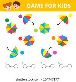 Logic puzzle game. Educational children activity.  Find matching umbrellas. Learning side and top view. Activity for  kids