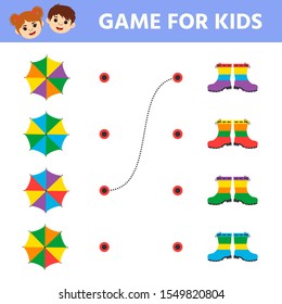 Logic puzzle game. Educational children activity.  Find matching umbrellas. Learning side and top view. Activity for  kids