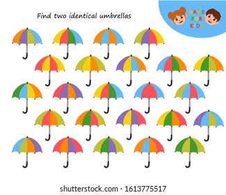 Logic puzzle game. Educational children activity.  Find matching umbrellas. Learning side and top view. Activity for  kids