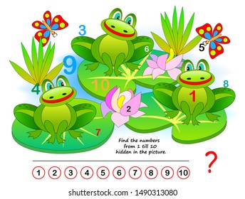 Logic puzzle game. Exercise for young children. Find the numbers from 1 till 10 hidden in the picture. Developing counting skills. IQ training test. Printable worksheet for kids book. Back to school.