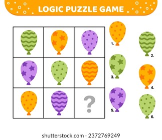 Logic puzzle game. Festive balloons. For kids. Cartoon, flat, vector, eps 10